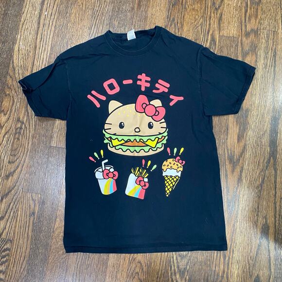 Sanrio Hello Kitty Graphic Tee Size MEDIUM HK Burgers and Fries on Black T-Shirt - Picture 4 of 6